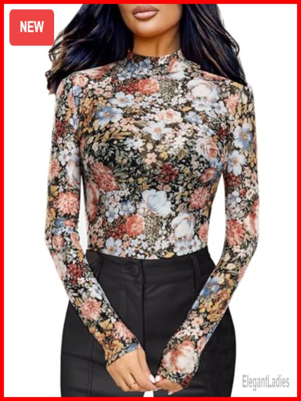 Floral Mesh Long Sleeve Mock Neck Top Women See Through Fitted Blouse